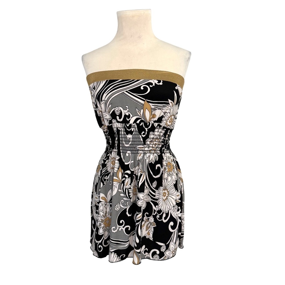 MKM Designs Women's Strapless Floral Paisley Smocked Y2K Top Black Gold Medium‎